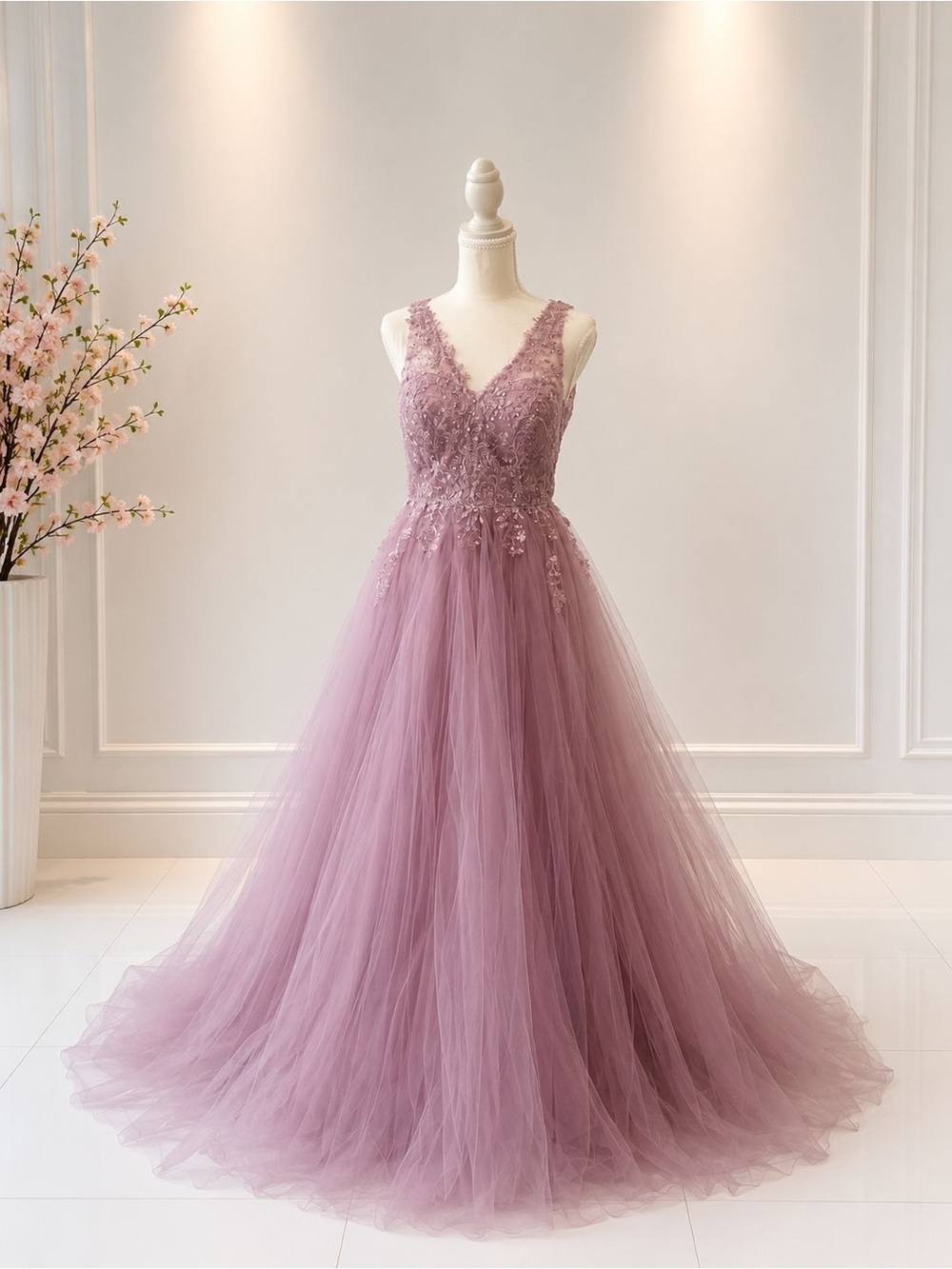 envy Dusty Mauve V-Neck Tulle Prom Gown